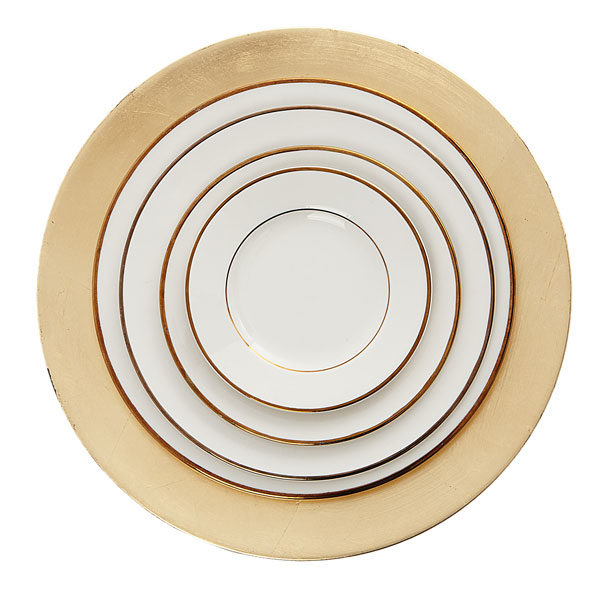 Gold rimmed plates - various sizes on gold charger