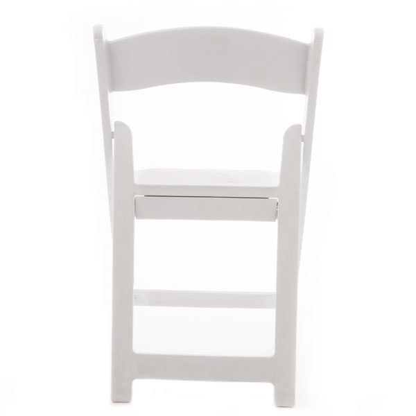 Back view of white resin padded folding chair