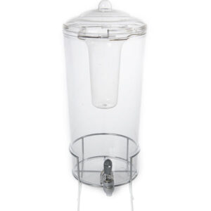 Clear drink dispenser with spigot on a metal stand