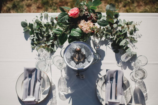 Wedding table - china, flatware, glassware and table top wine cooler
