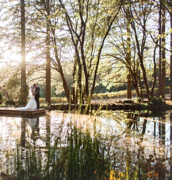 Wedding couple reflected in the pond